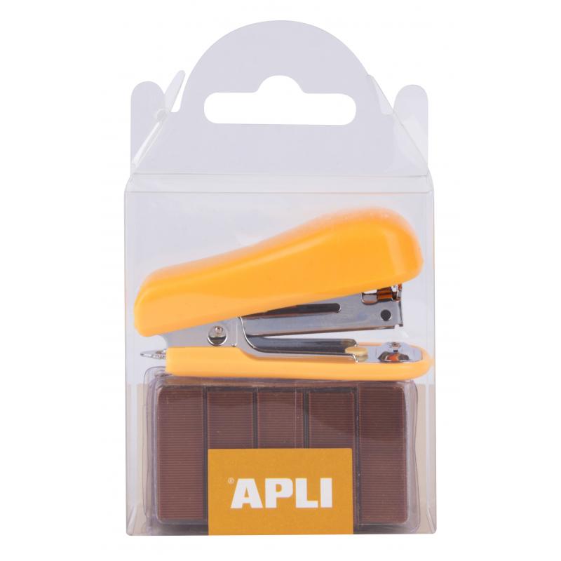 Apli Pocket Grapadora Naranja - Tamaño 56mm - Compacta y Ligera - Capacidad de Grapado Hasta 20 Hojas - Incluye 2000 Grapas del 