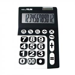 Milan Calculadora de 12 Digitos Extra Grande - Tecla de Rectificacion de Entrada de Datos - Color Negro y Blanco