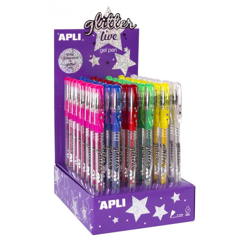 Apli Gel Pen Glitter Live - 48 Boligrafos de Tinta Gel con Purpurina - Resistentes, Secado Rapido y Larga Duracion - Grueso de E