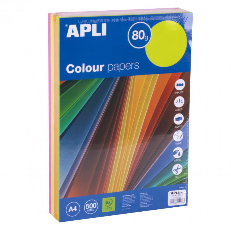 Apli Papel Color Surtido Fluorescente A4 500 Hojas