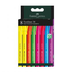 Faber-Castell Textliner 38 Pack de 8 Marcadores Fluorescentes - Cuerpo Fino - Punta Biselada - Trazo Grueso y Fino - Tinta con B