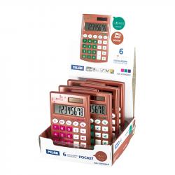 Milan Pocket Cooper Expositor de 6 Calculadoras de Bolsillo 8 Digitos - Tacto Suave - 3 Teclas de Memoria y Raiz Cuadrada - Apag