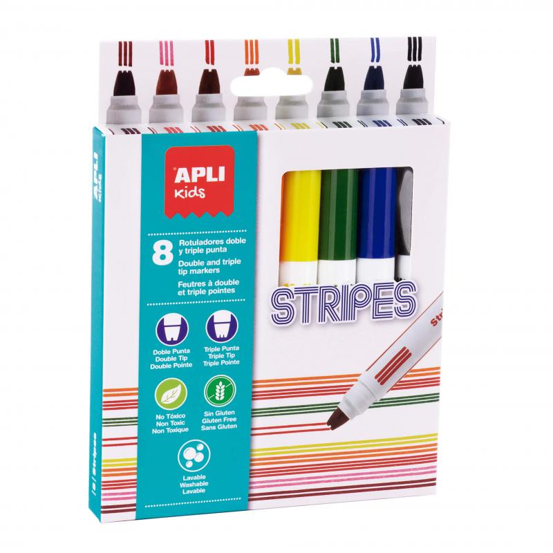 Apli Stripes Pack de 8 Rotuladores - Ø 14.4x137 mm - Doble O Triple Punta Redonda Bloqueada - Lavables, No Toxicos y de Larga Du