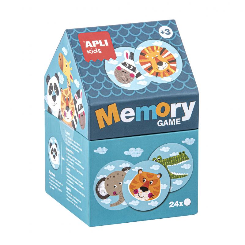 Apli Juego de Memoria Infantil - 24 Piezas Ø 8 cm - Dibujos de Animales Divertidos - Caja en Forma de Casita - Resistentes y Seg