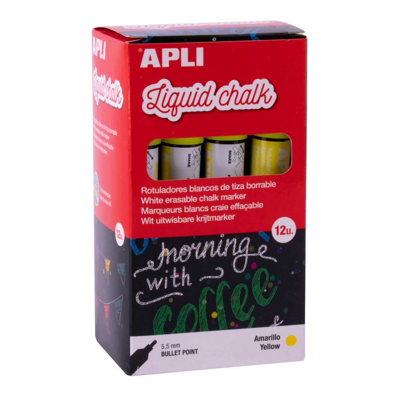 Apli Rotulador de Tiza Liquida Amarillo - Punta Redonda - Ideal para Pizarras, Plastico, Ventanas, Ceramica, Vinilos, Metal, Etc