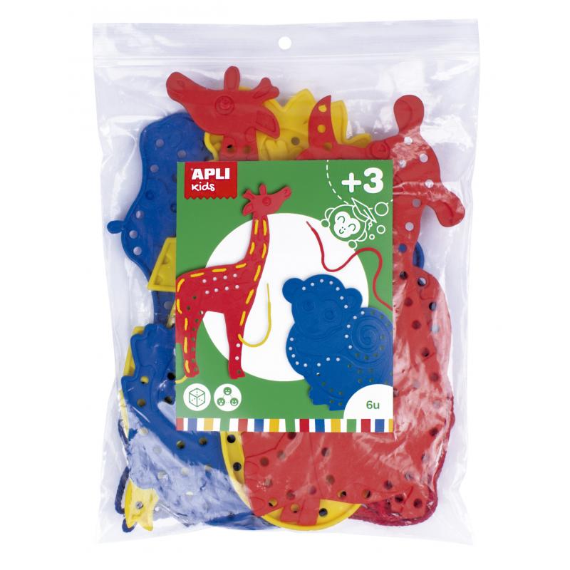 Apli Juego de Cosedores Animales - Formato Maxi - 6 Animales de Plastico con Agujeros - 18 Cuerdas de Colores - Desarrolla Psico