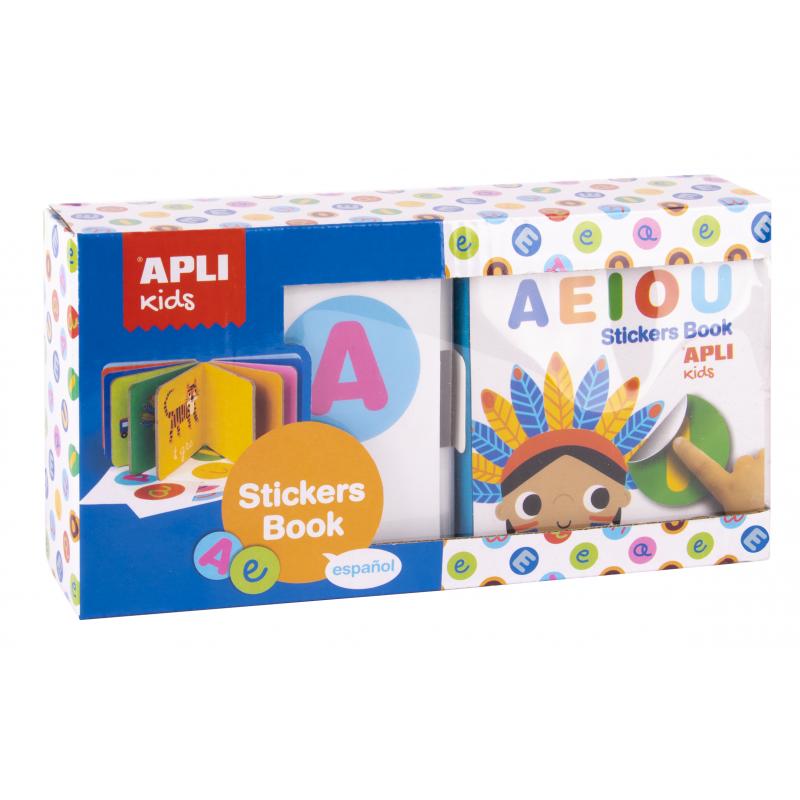 Apli Libro de Pegatinas Vocales Educativo - Tamaño 100x100x40 - 10 Paginas de Carton Rigido de 3mm - 5 Hojas de Gomets Removible