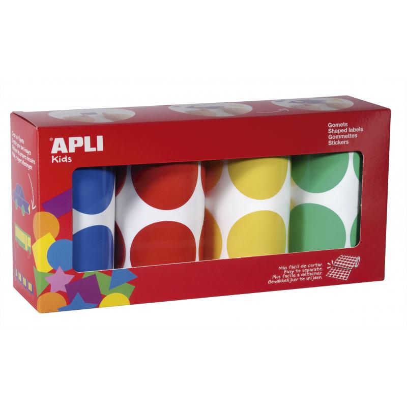 Apli Gomets Redondos Ø 45mm - Pack de 4 Rollos Surtidos - 1416 Gomets por Pack - Adhesivo Permanente - Hojas Pretroqueladas - Id