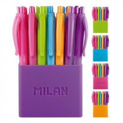 Milan P1 Touch Colours Pack de 24 Boligrafos de Bola Retractiles - Punta Redonda 1.0 mm - Tinta con Base de Aceite - Cuerpo del 