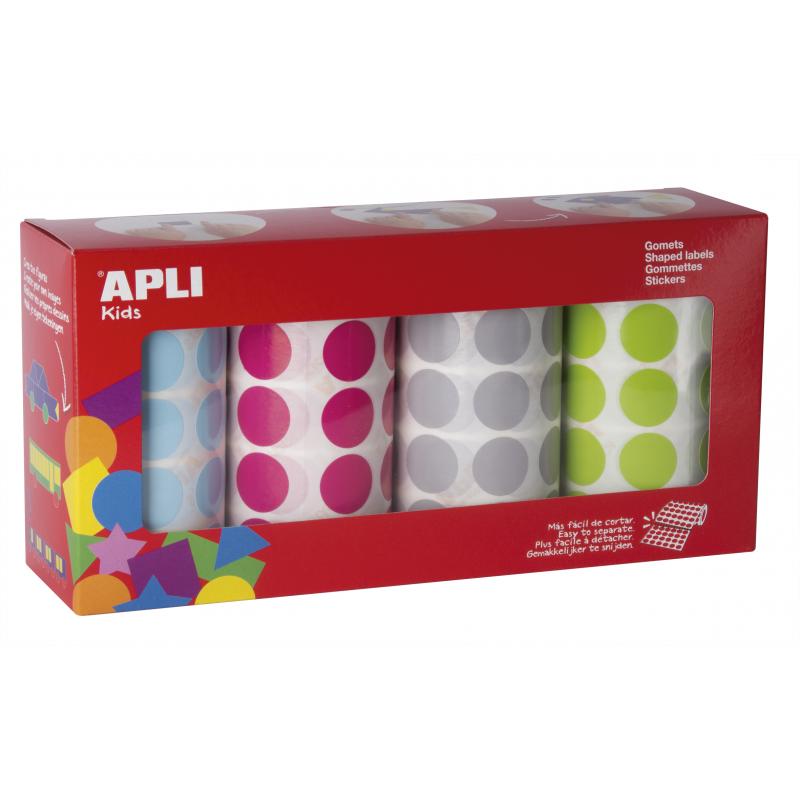 Apli Gomets Redondos Ø 20mm - Colores Surtidos - Adhesivo Permanente - 4 Rollos - 7080 Gomets - Desarrollo Psicomotriz - Normas 