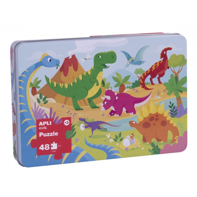 Apli Kids Puzle Dinosaurios - 48 Piezas de 5.5x6cm - Caja Metalica Rectangular - Diseño Exclusivo Infantil, Colorido, Claro y Si