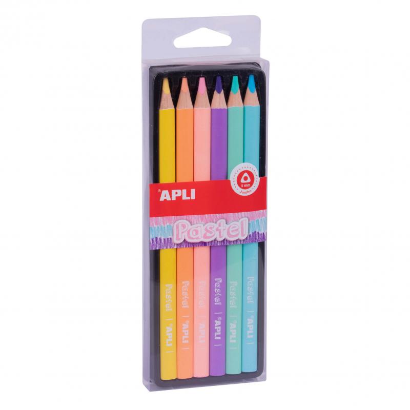 Apli Lapices Jumbo Pastel - 5mm de Grosor - Caja con 6 Colores Surtidos - Madera Triangular para Mejor Sujecion y Cobertura