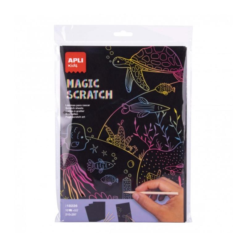 Apli Magic Scratch Laminas para Rascar - Tamaño A4 - 10 Hojas, 5 Herramientas - Distintos Colores de Fondo