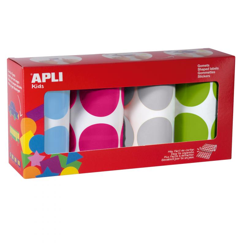 Apli Gomets Redondos Ø 45mm - Pack de 4 Rollos en Colores Surtidos - Adhesivo Permanente - 1416 Gomets por Pack - Desarrollo de 