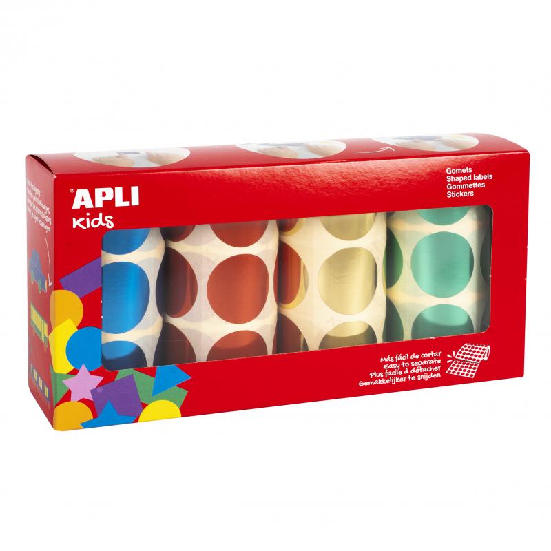 Apli Gomets Redondos Metalizados Ø 33mm - Pack de 4 Rollos (Amarillo, Azul, Rojo y Verde) - 2256 Gomets en Total - Hojas Pretroq