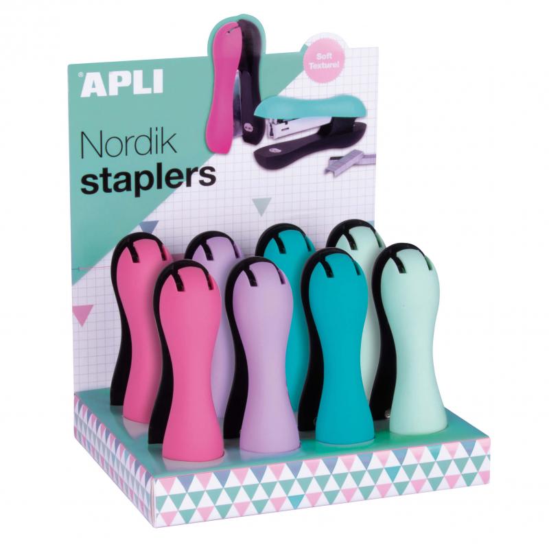 Apli Nordik Collection Grapadora Ergonomica Soft - Grapas Nº22/6-24/6 - Capacidad de 40 Hojas - Horizontal/Vertical - Expositor 