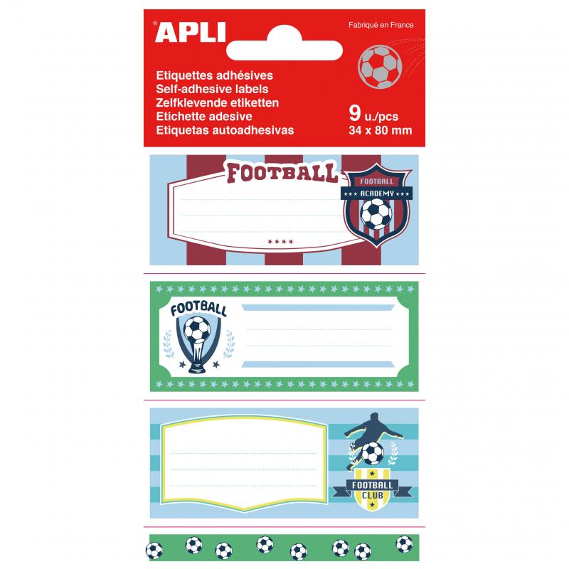 Apli Etiquetas Adhesivas Escolares Futbol - Tamaño 81x36mm - 9 Etiquetas por Bolsa - Adhesivo Permanente de Alta Calidad - Diseñ