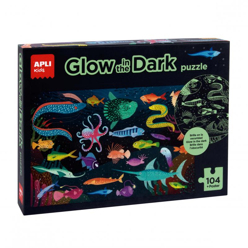 Apli Kids Puzle Fluorescente "Glow In The Dark" Tematica Oceano - 104 Piezas 5x5 cm - Tamaño 64.5x41.5 cm - Incluye Poster - Dis