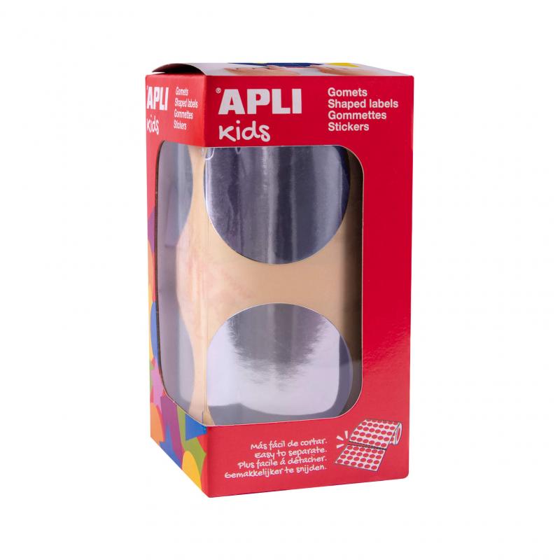 Apli Gomets Redondos Plata Metalizado - Ø 45mm - 354 Gomets por Rollo - Desarrolla Psicomotricidad Fina y Varias Capacidades y H