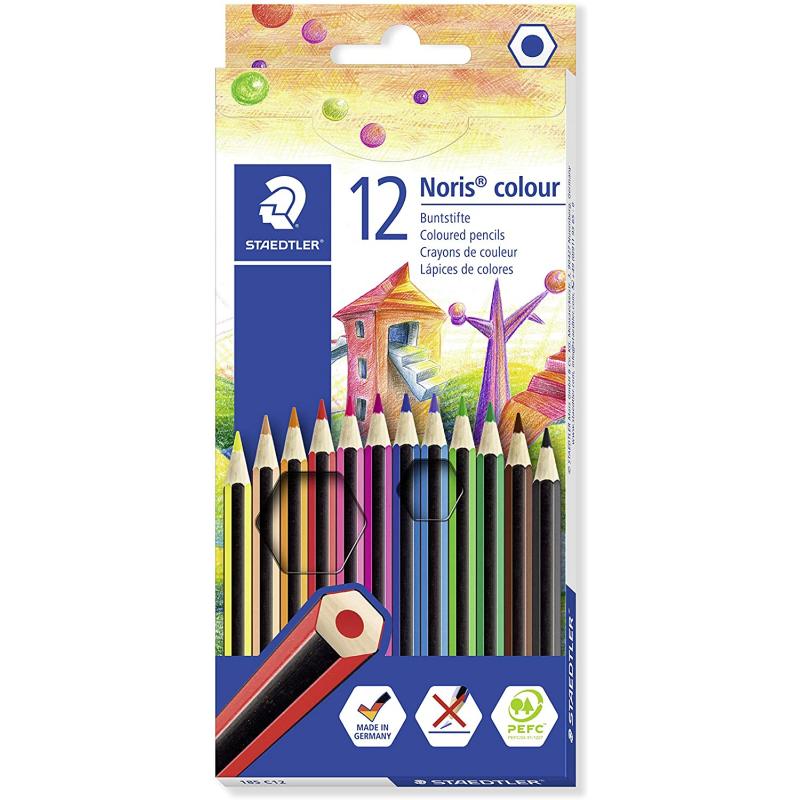 Staedtler Noris Colour 185 Pack de 12 Lapices Hexagonales de Colores - Fabricados en Wopex - Muy Resistentes - Madera de Fuentes