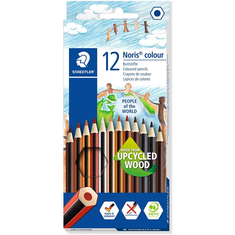 Staedtler Noris Colour 185 People of the World Pack de 12 Lapices Hexagonales de Colores - Fabricados en Wopex - Muy Resistentes