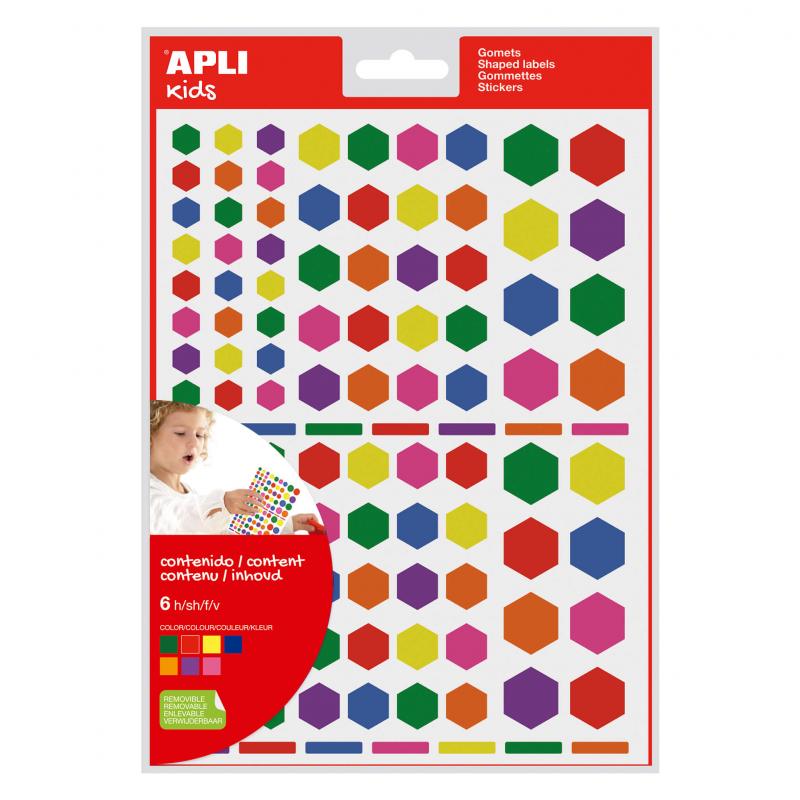 Apli Gomets Hexagonales Removibles - 3 Tamaños Surtidos - 624 Gomets por Bolsa - Desarrollo de Habilidades y Creatividad - Color