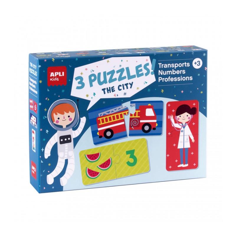 Apli Set de 3 Puzzles: Transporte, Profesiones y Numeros - 24 Piezas por Puzzle, 72 Piezas Total - Tamaño 7 x 7 cm