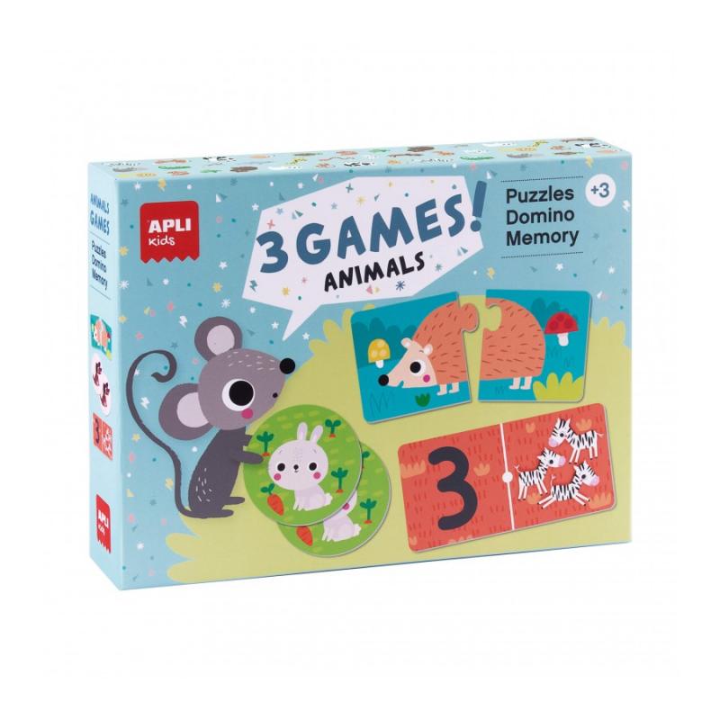 Apli Set de 3 juegos Animales: 1 Puzzle de 24 Piezas, 1 Domino de 36 Piezas y 1 Memory de 24 Piezas