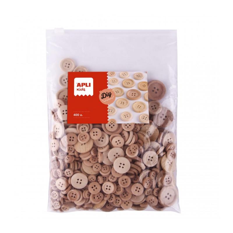 Apli Kids Bolsa de 400 Botones de Madera Natural - Tamaños 10mm, 15mm, 20mm, 25mm, 30mm