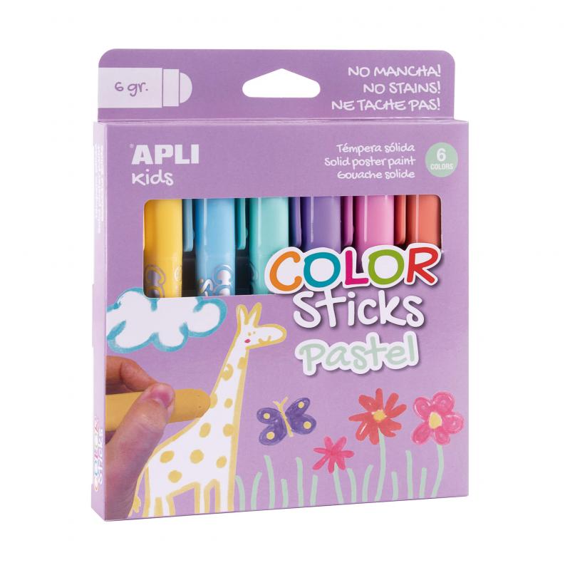 Apli Color Sticks Temperas Solidas - Pack 6 Unidades de 6g en Colores Pastel - Acabado Satinado sin Necesidad de Barniz - Secado