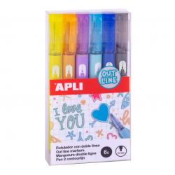 Apli Rotuladores Doble Linea - 5.5mm - Base de Alcohol - Pack 6 Colores - Escritura Interior Plata con Contorno de Color - Ideal