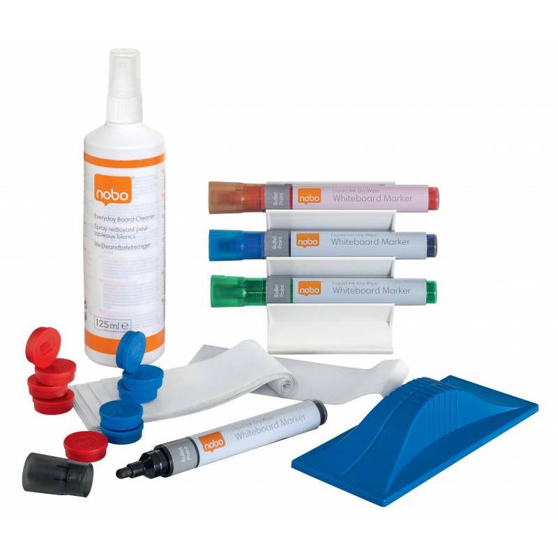 Nobo Kit de Usuario para Pizarra Blanca - Incluye Rotuladores, Borrador, Espray y Paño de Limpieza - Accesorios para Pizarras Bl