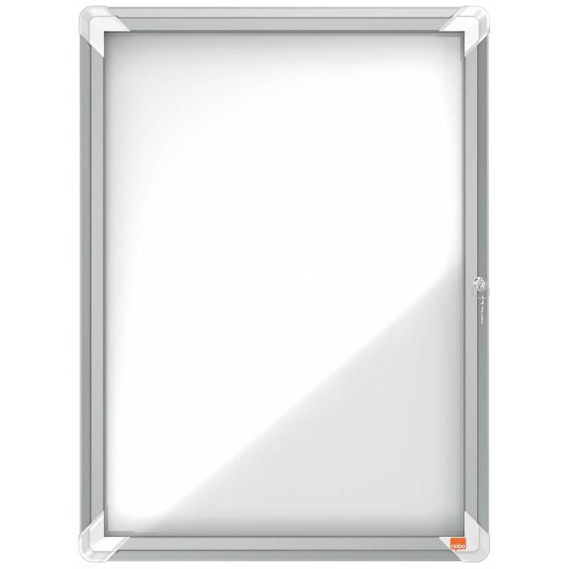 Nobo Vitrina para 4 Hojas A4 con Superficie Blanca Magnetica - 532x692x37mm - Puerta de Cristal de Seguridad - Marco de Aluminio