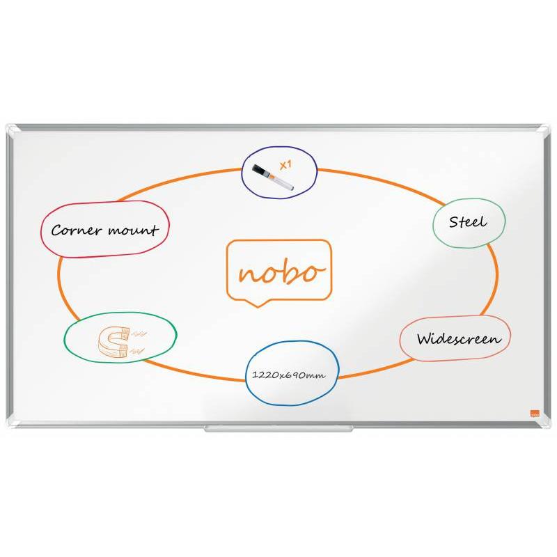 Nobo Premium Plus Pizarra Magnetica de Acero Lacado Panoramica 1220x690mm - Montaje en Esquina - Blanco