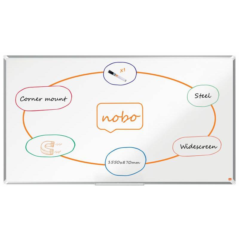 Nobo Premium Plus Pizarra Magnetica de Acero Lacado Panoramica 1550x870mm - Montaje en Esquina - Blanco