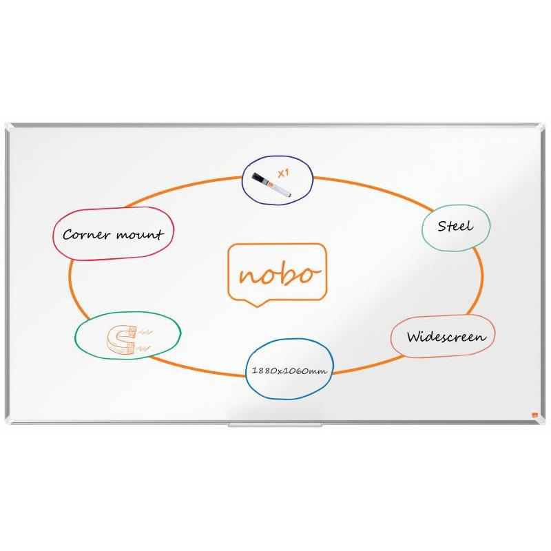 Nobo Premium Plus Pizarra Magnetica de Acero Lacado Panoramica 1880x1060mm - Montaje en Esquina - Blanco