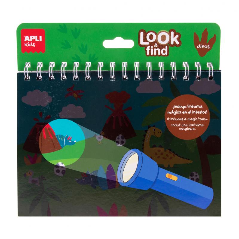 Apli Look & Find Dinosaurios Bloc de 6 Laminas para Buscar Objetos con Linterna Magica