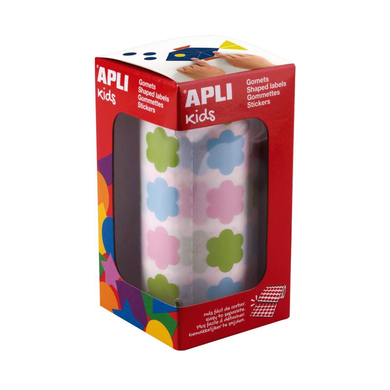 Apli Kids Rollo de 900 Gomets con Forma de Flor - Adhesivo Base Agua - Libre de Disolventes - Materiales 100% Reciclables - Colo