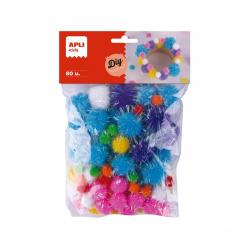Apli Kids Bolsa de 80 Pompones Glitter - Tamaños 10mm, 20mm, 25mm - Colores Surtidos