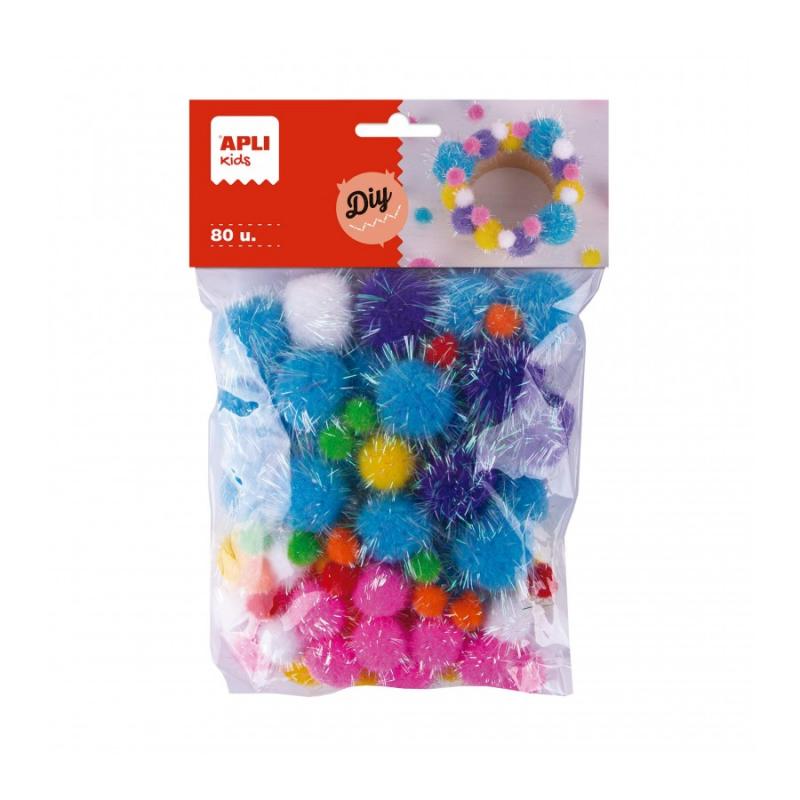 Apli Kids Bolsa de 80 Pompones Glitter - Tamaños 10mm, 20mm, 25mm - Colores Surtidos