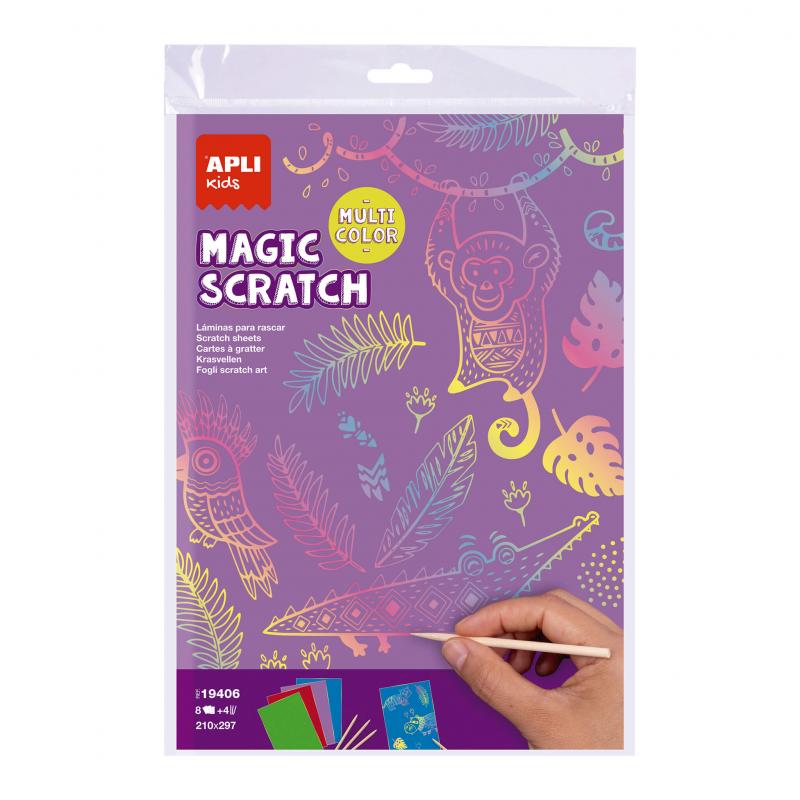 Apli Magic Scratch Colores Pack de 8 Laminas para Rascar - Medidas 210 x 297mm - Colores Surtidos