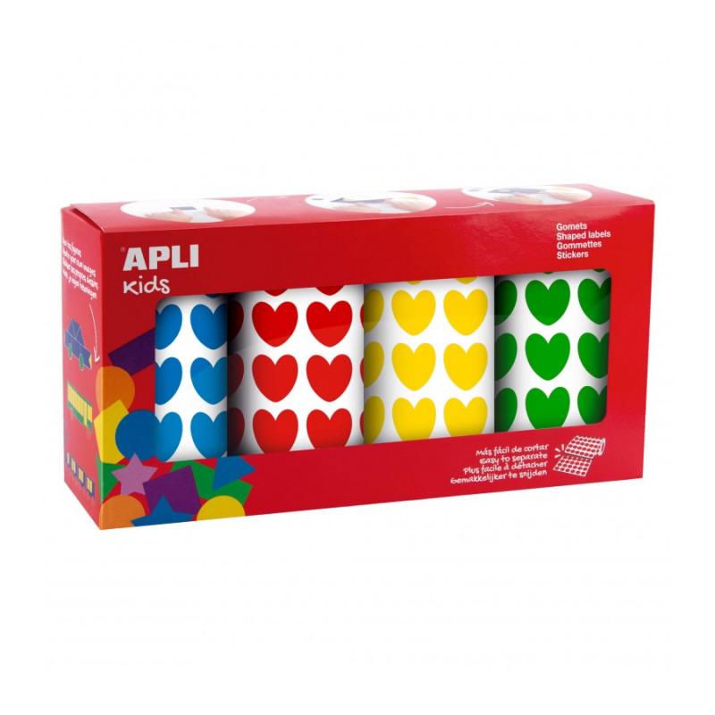 Apli Kids Pack de 4 Rollos de Gomets Corazon - 7.080 Gomets en Total - Adhesivo Base Agua - Libre de Disolventes - Materiales 10