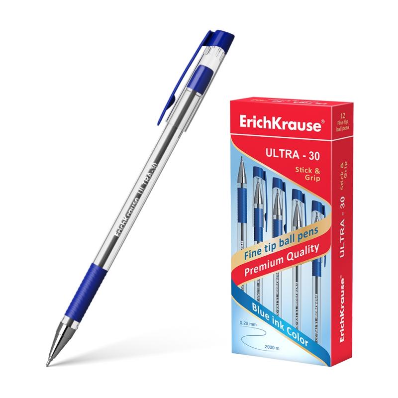 Erichkrause Boligrafo Ultra-30 - Recargable con Punta Fina Fine Tip - Cuerpo Transparente con Agarre de Goma - Tinta de Secado R