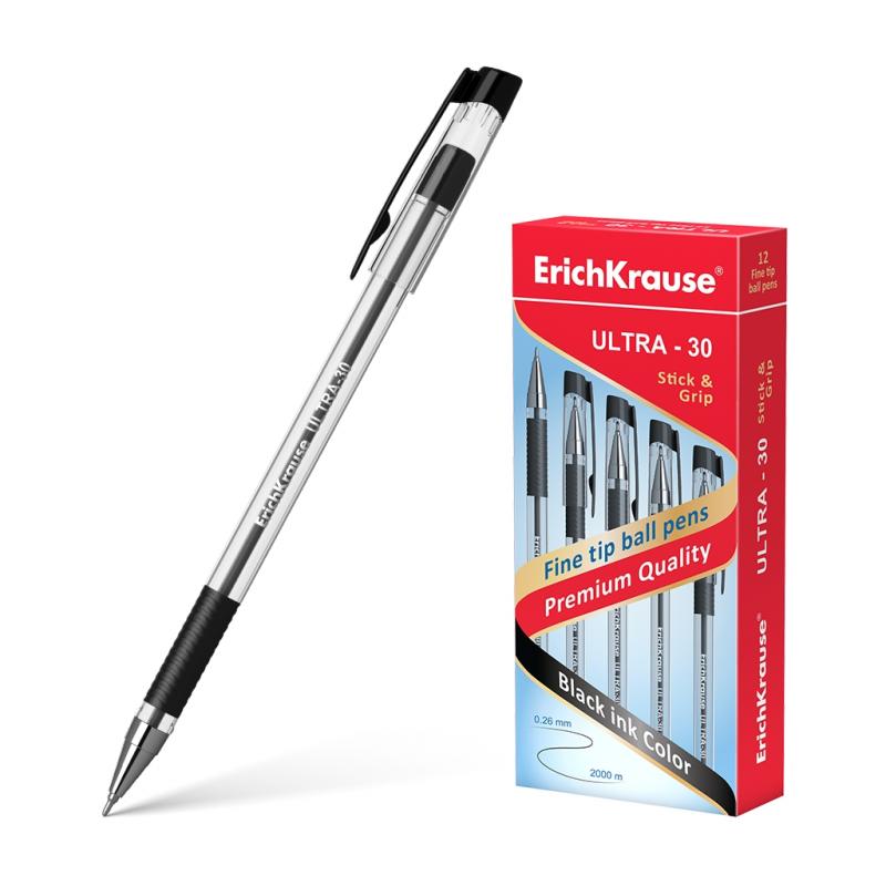 Erichkrause Boligrafo Ultra-30 - Recargable con Punta Fina Fine Tip - Cuerpo Transparente con Agarre de Goma - Tinta Color Negro