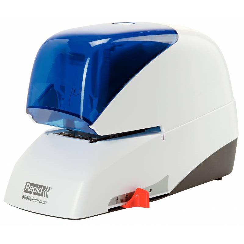 Rapid Grapadora Electrica Supreme R5050E - 50 Hojas - Carga de Cartucho - Duradera - Blanco/Azul