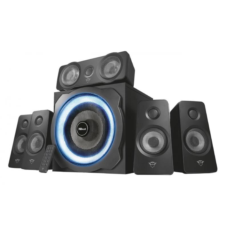 Trust Gaming GXT 658 Tytan Set de Altavoces 5.1 180W - Subwoofer de Madera - Iluminacion LED Azul - Bajos Profundos - Mando a Di