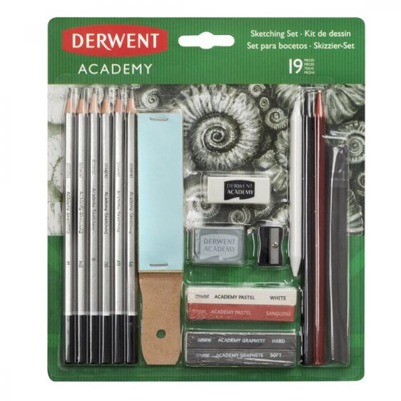 Derwent Academy Sketching Pack de 6 Lapices de Grafito de Durezas Surtidas, 2 Bloques de Grafito, 2 Barras de Dibujo sin Madera,