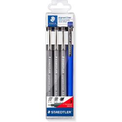 Staedtler Pigment Liner 308 Pack de 3 Rotuladores Calibrados 0,2 0,4 y 0,8mm + 1 Portaminas 0.5mm - Secado Rapido - Color Negro