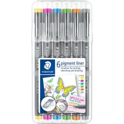 Staedtler Pigment Liner 308 Pack de 6 Rotuladores Calibrados - Trazo 0.3mm - Secado Rapido - Colores Surtidos