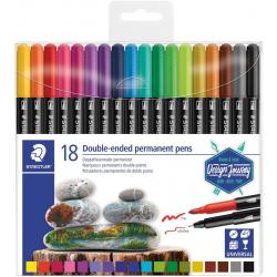 Staedtler 3187 Pack de 18 Rotuladores Permanentes de Doble Punta - Resistente al Agua - Secado Rapido - Colores Surtidos